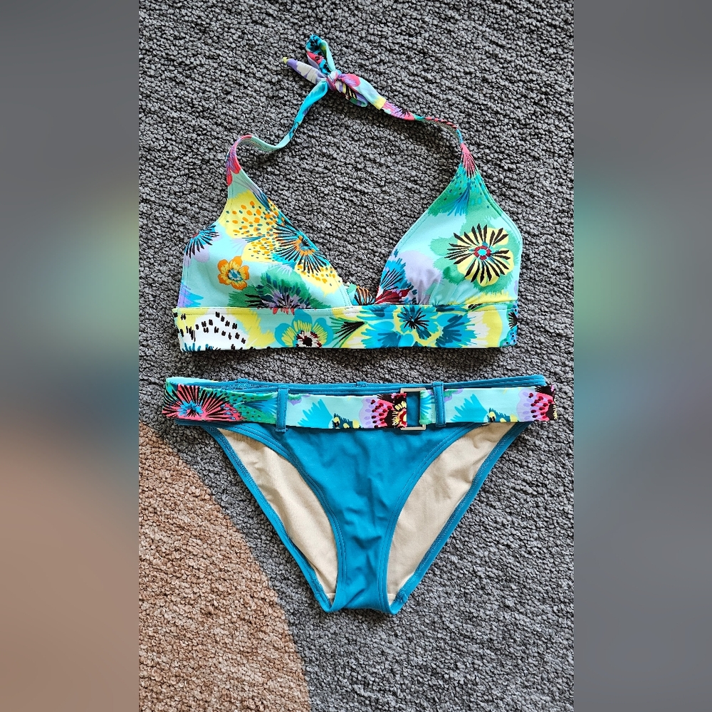 Floral Bikini Set with Blue Accents
